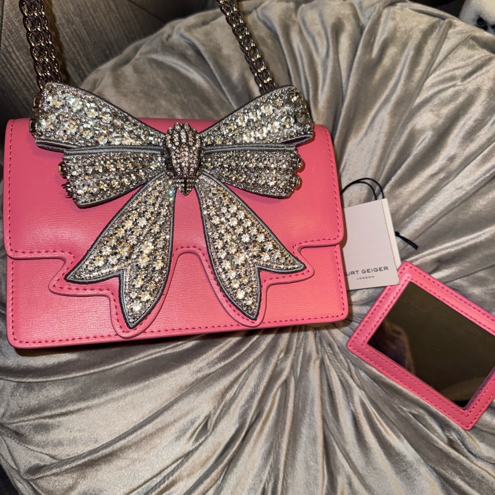 Kurt Geiger Pink Crystal Bow Crossbody Bag with Chain Strap